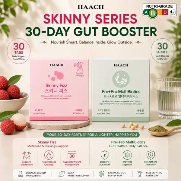 SKINNY SERIES 30-DAY GUT BOOSTER  (1 Box PRE+PRO MULTIBIOTICS – Nutty Bean | 1 Box SKINNY FIZZ – Lychee)